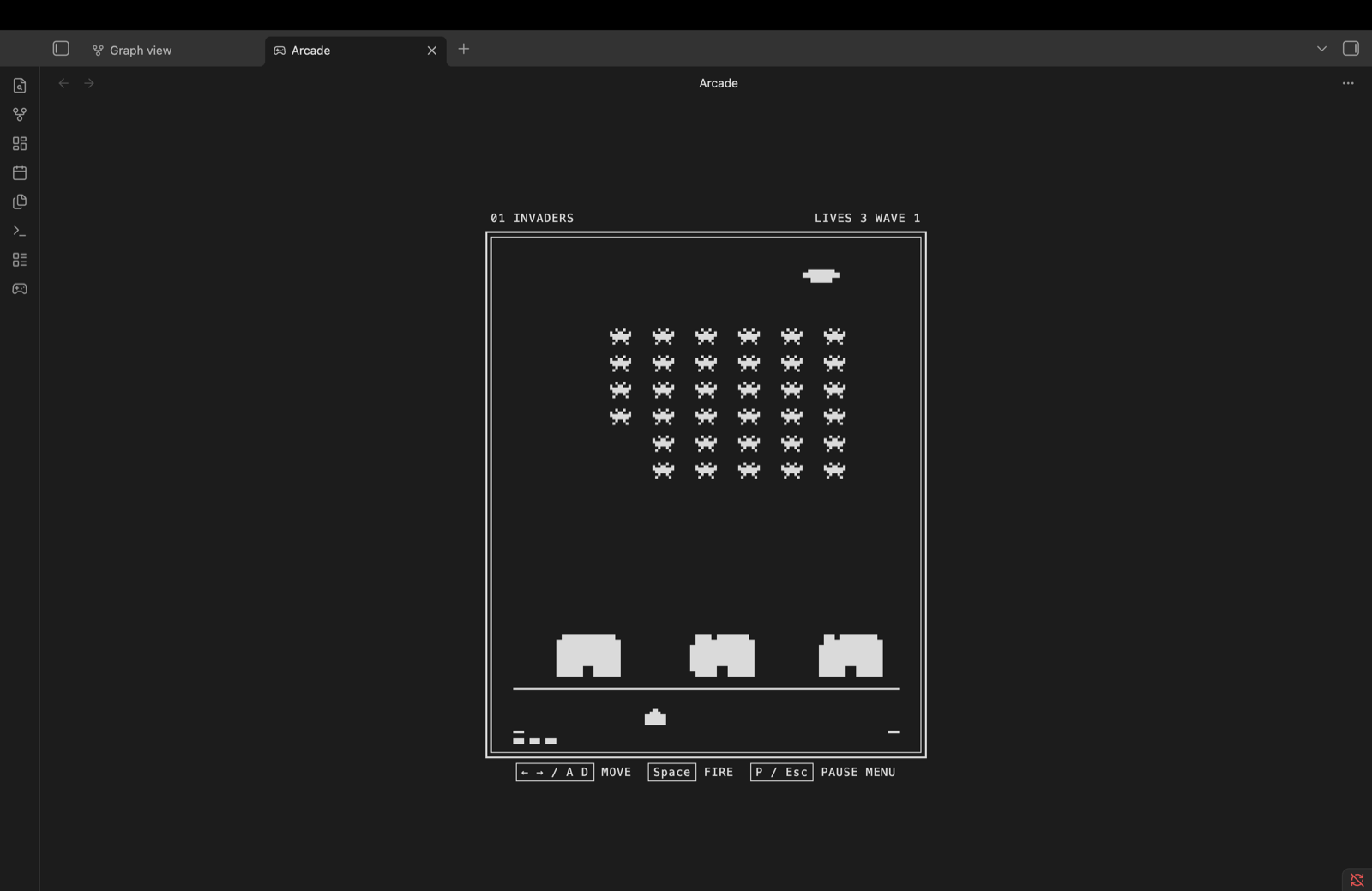Invaders gameplay running inside an Arcade tab