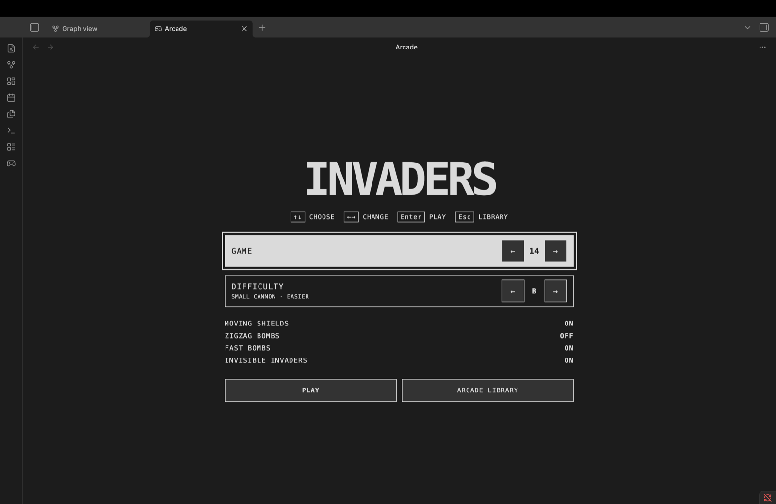 Invaders game variation and difficulty setup