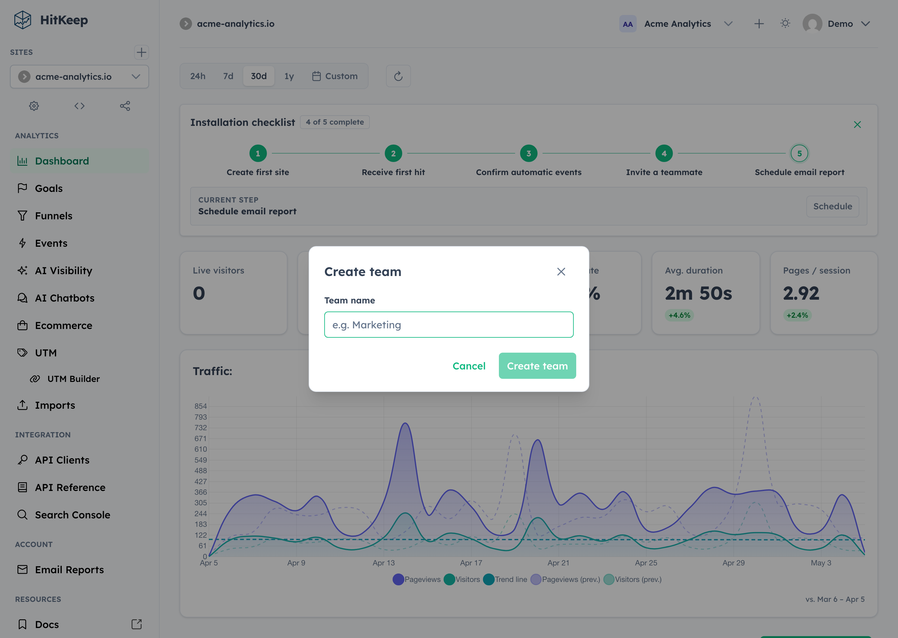HitKeep create team dialog with name and logo setup