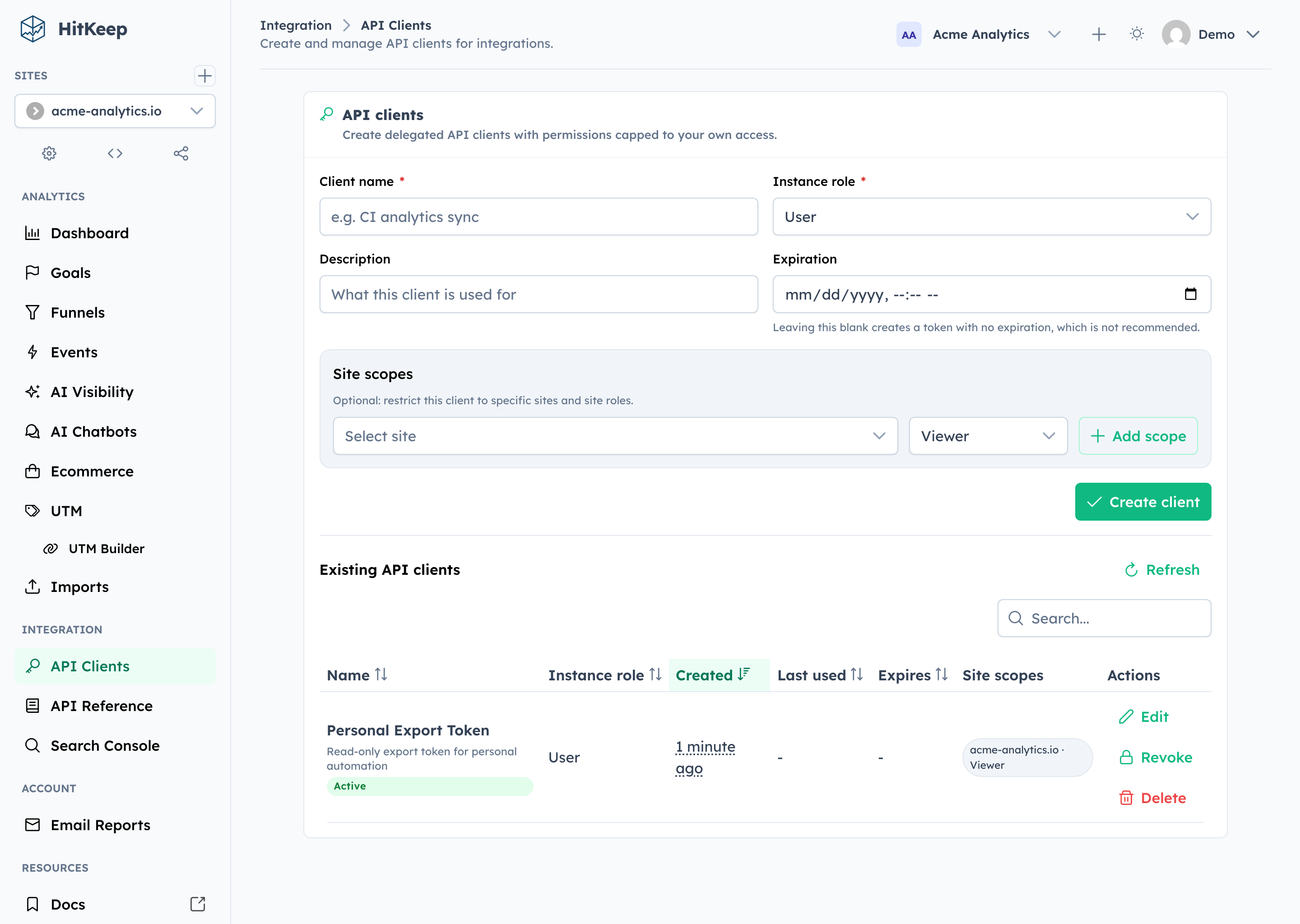 HitKeep API client management