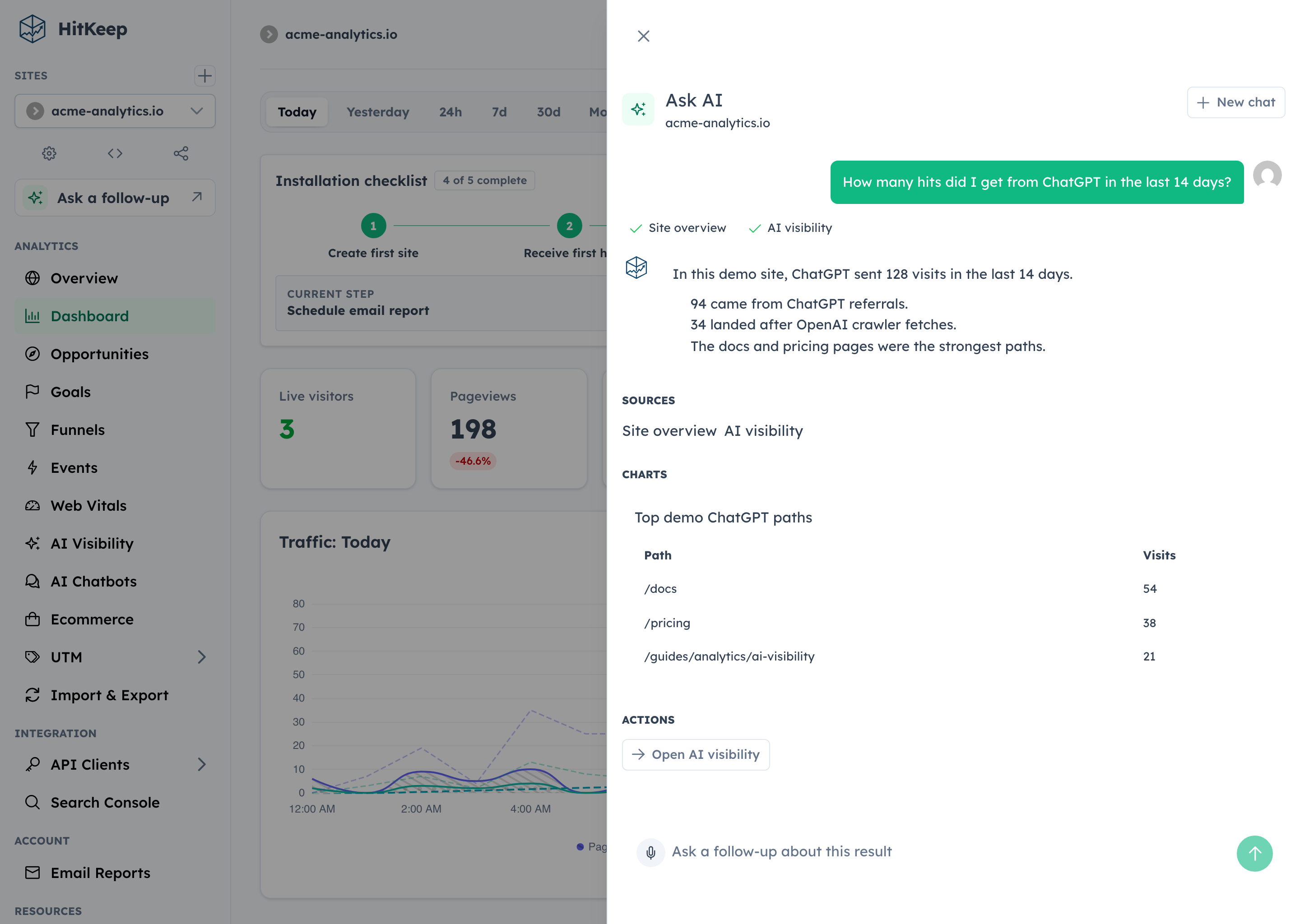 HitKeep Ask AI answer with completed analytics tool chips, citations, a table, and a safe dashboard action