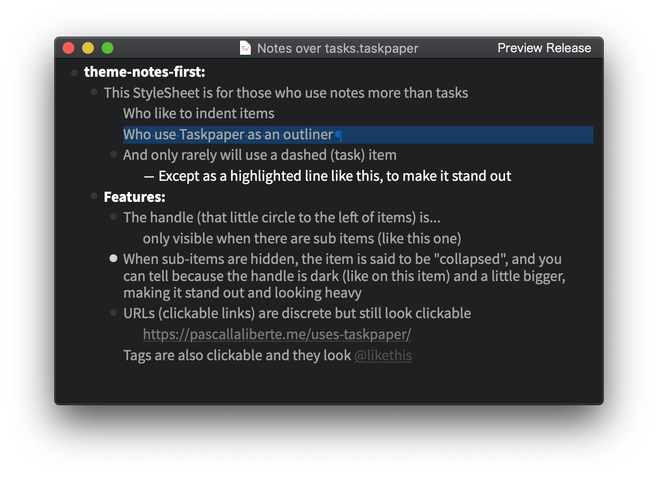 Preview of a TaskPaper with the Dark StyleSheet applied