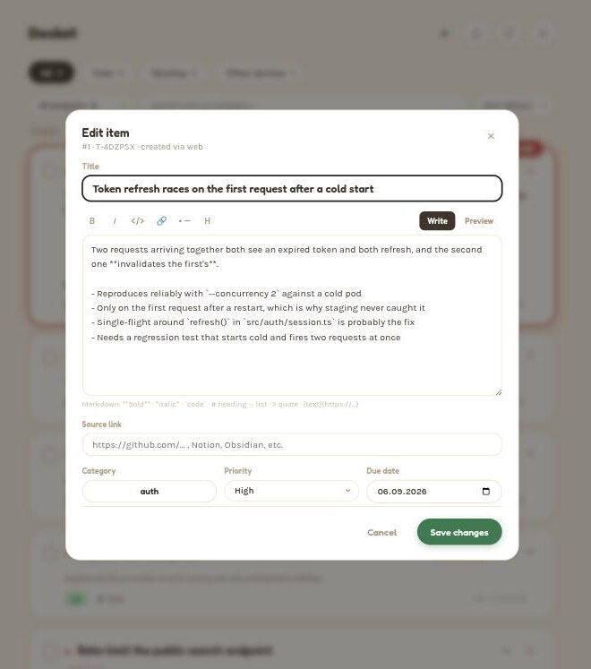 The same item being edited, with a Markdown editor and Write/Preview tabs alongside category, priority and due date