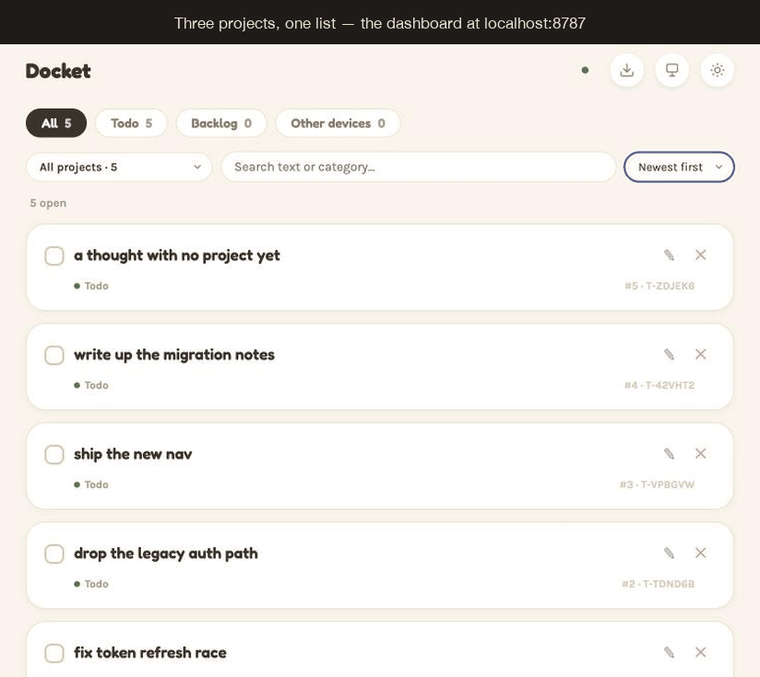 Claude Code and Codex, each in a different project, add a todo; both appear on the Docket dashboard within seconds, filed under their own projects