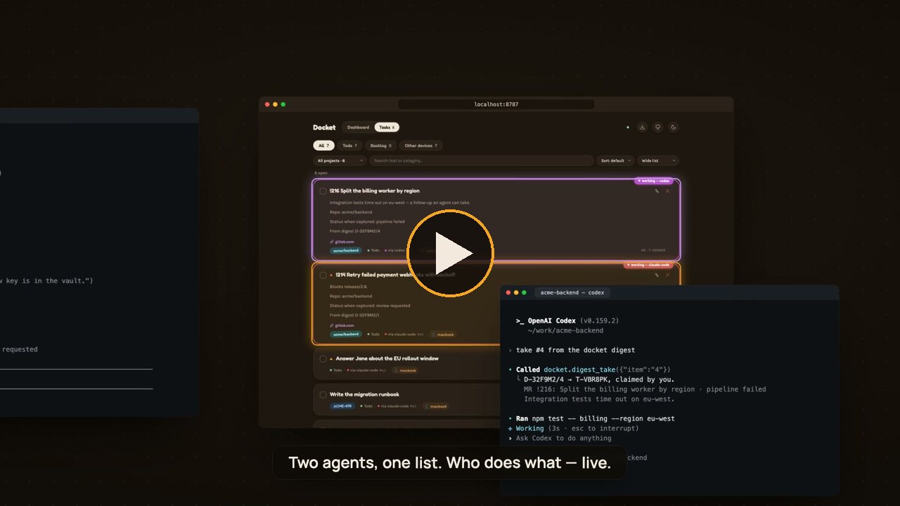Watch the one-minute demo: Claude Code makes the day's digest, the dashboard by area and by person, a task closed with a reason, and Codex and Claude each taking a digest item by number