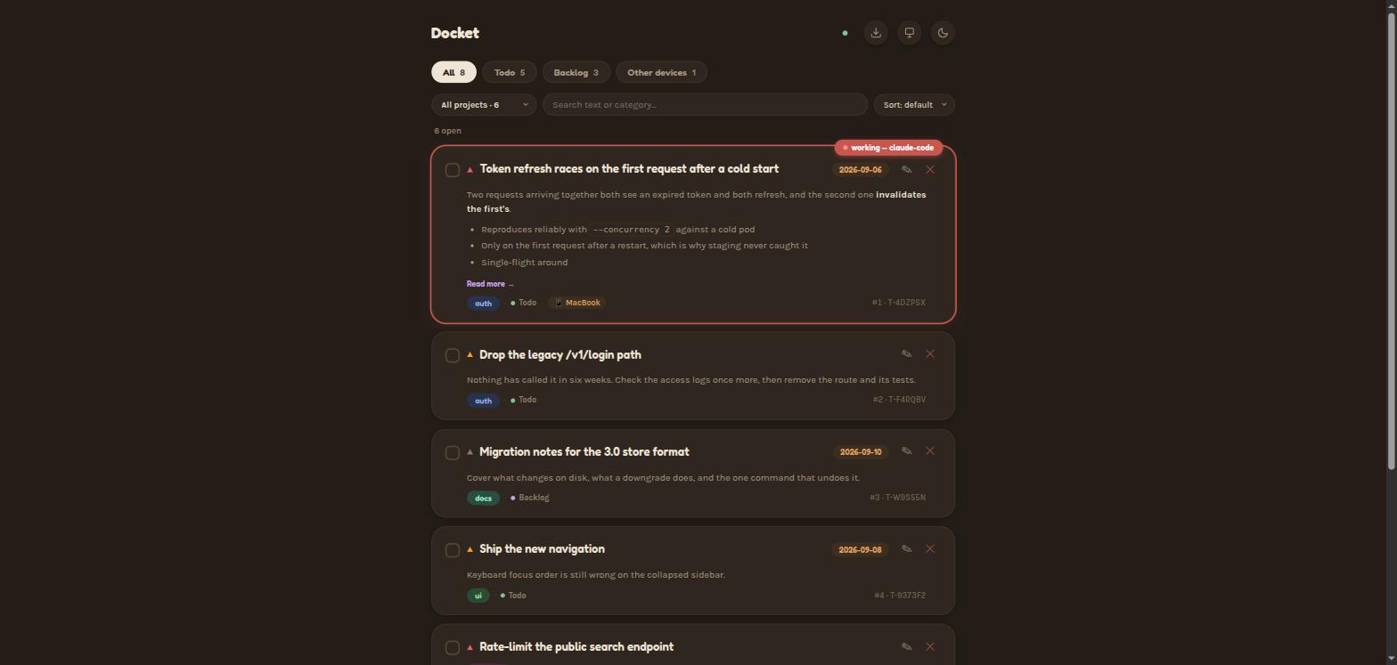 Docket web dashboard, dark theme: the top card is claimed by claude-code and shows a Markdown description clipped with a Read more link