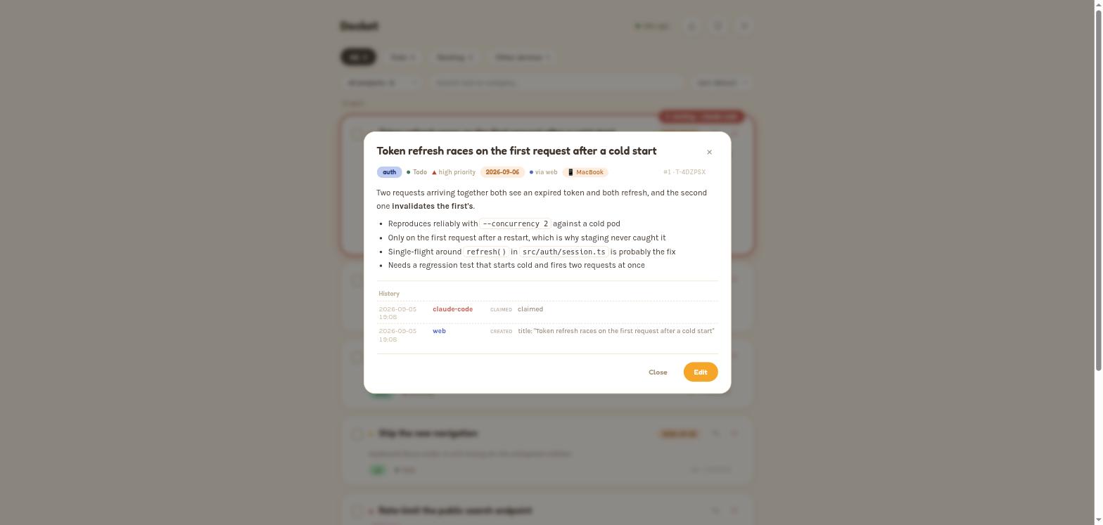 One item opened: its full Markdown description rendered, and its history showing who claimed it and who created it