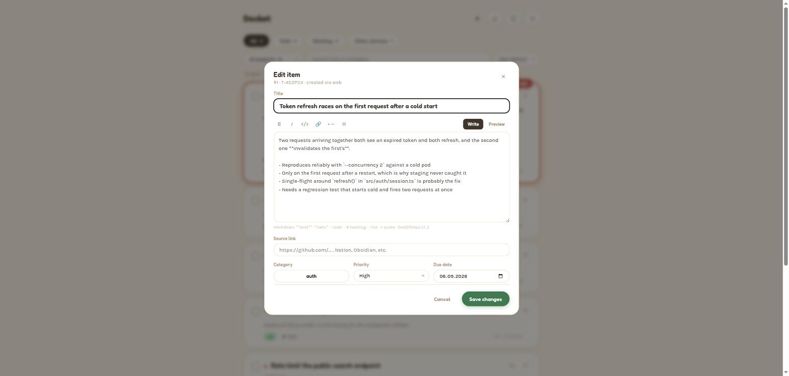 The same item being edited, with a Markdown editor and Write/Preview tabs alongside category, priority and due date