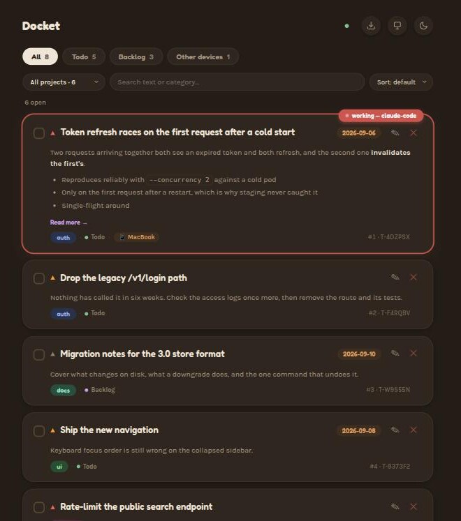 Docket web dashboard, dark theme: the top card is claimed by claude-code and shows a Markdown description clipped with a Read more link