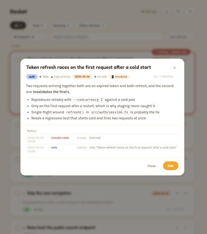 One item opened: its full Markdown description rendered, and its history showing who claimed it and who created it