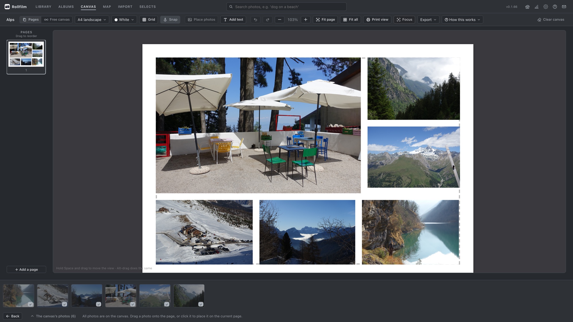 Canvas editor with photos laid out on a page