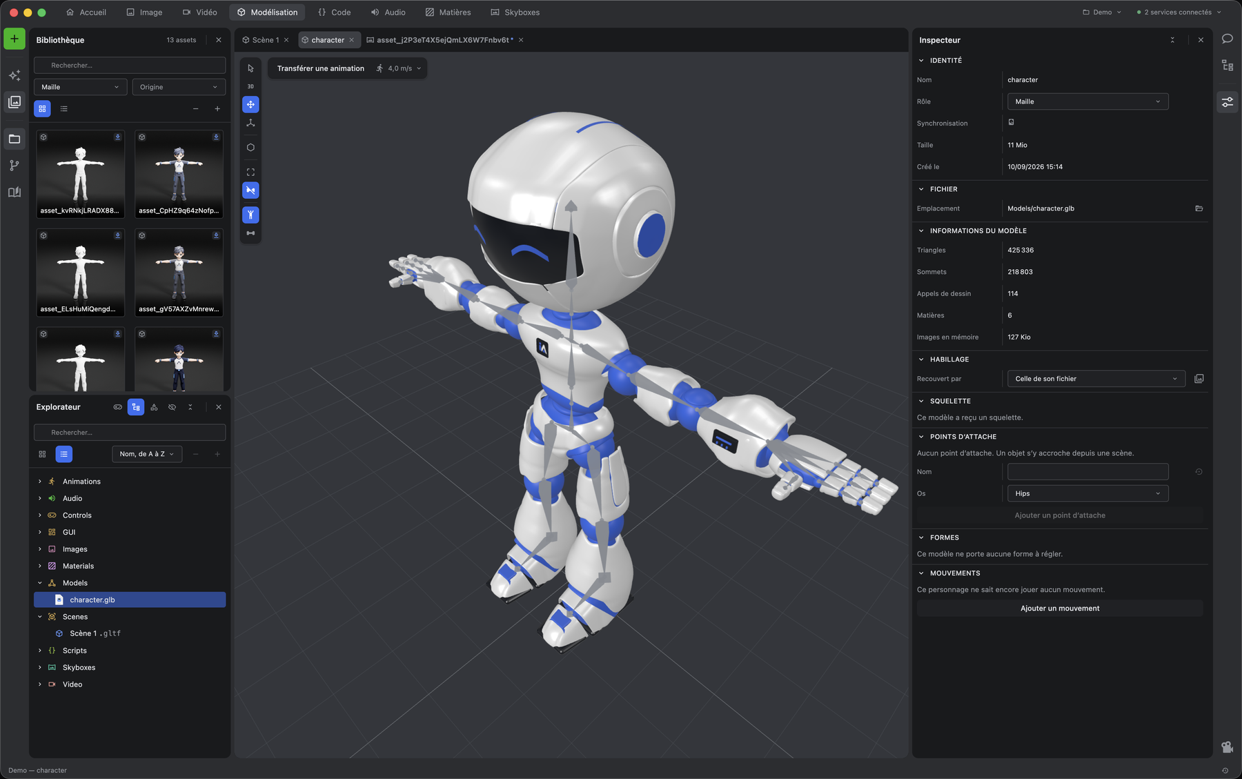 AI Desktop Studio in the Modelling workspace: the asset library and the project explorer on the left, a rigged robot character standing in the model workshop in the centre with its skeleton drawn over it, and the inspector on the right showing its mesh counts, its skeleton and its attachment points