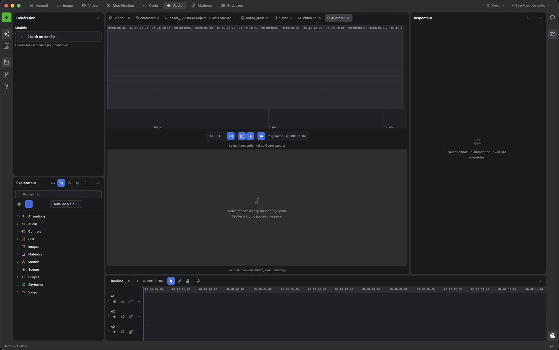 The Audio workspace: a frequency spectrum above a clip editor, and three audio tracks on the timeline below