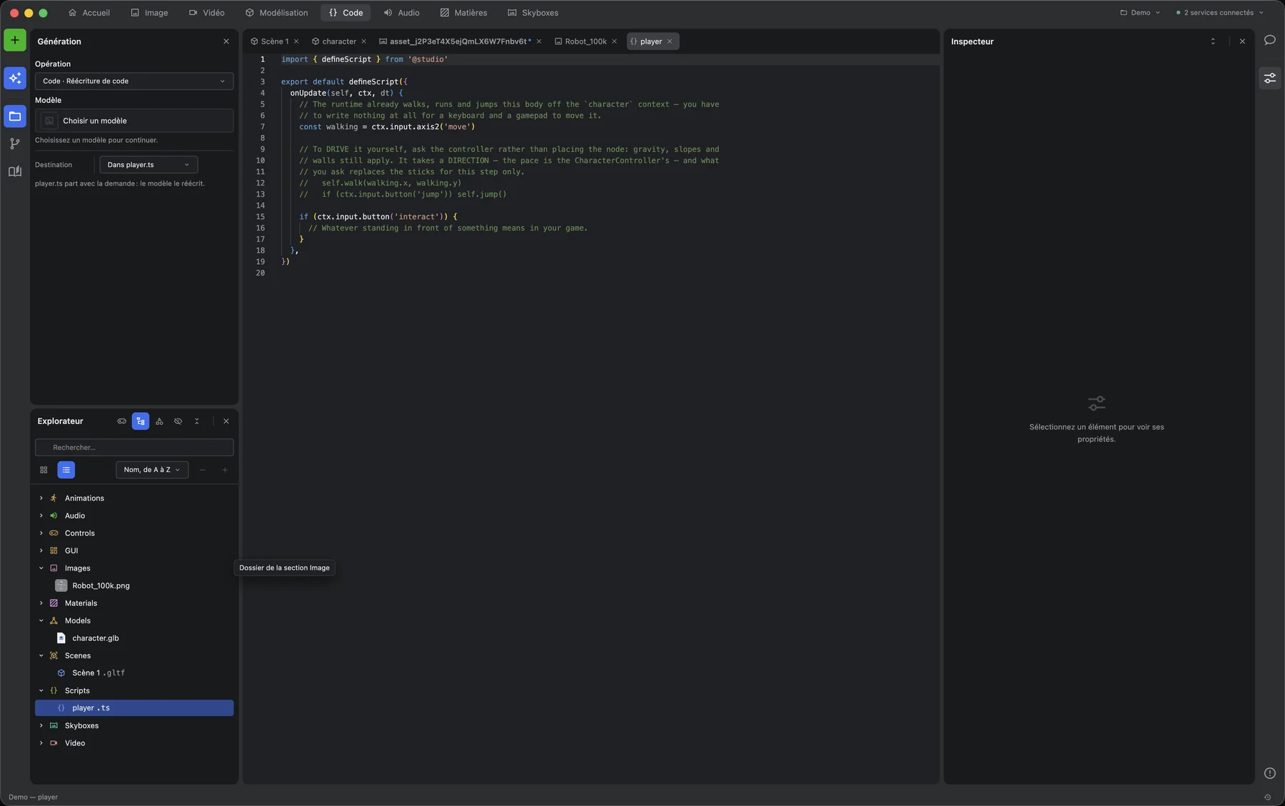 The Code workspace: a TypeScript player script open in the editor, and a code-rewrite generation panel on the left targeting that same file