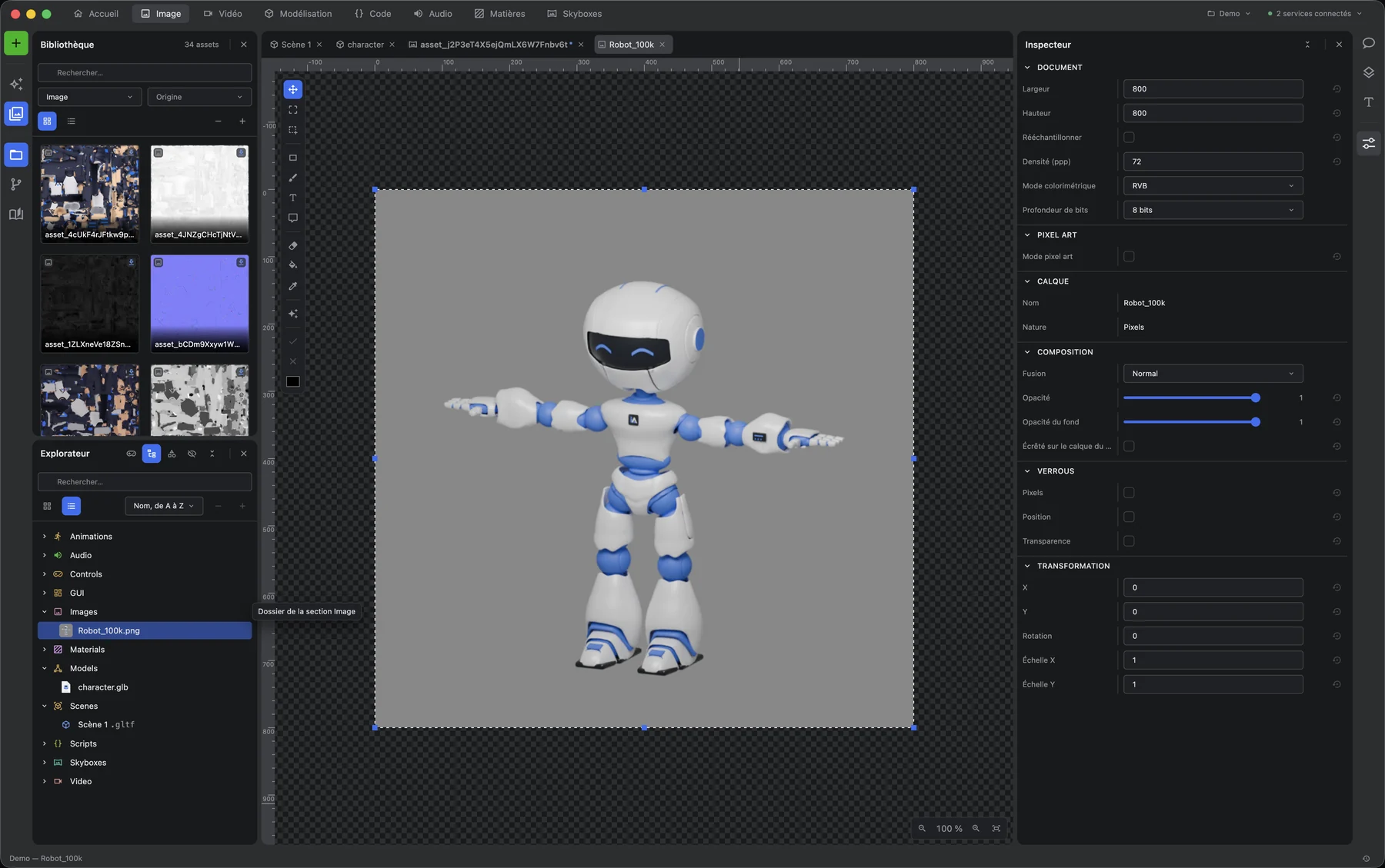 The Image workspace: a render of the robot open on a layered canvas over a transparency checkerboard, the tool column on the left, document and layer properties on the right