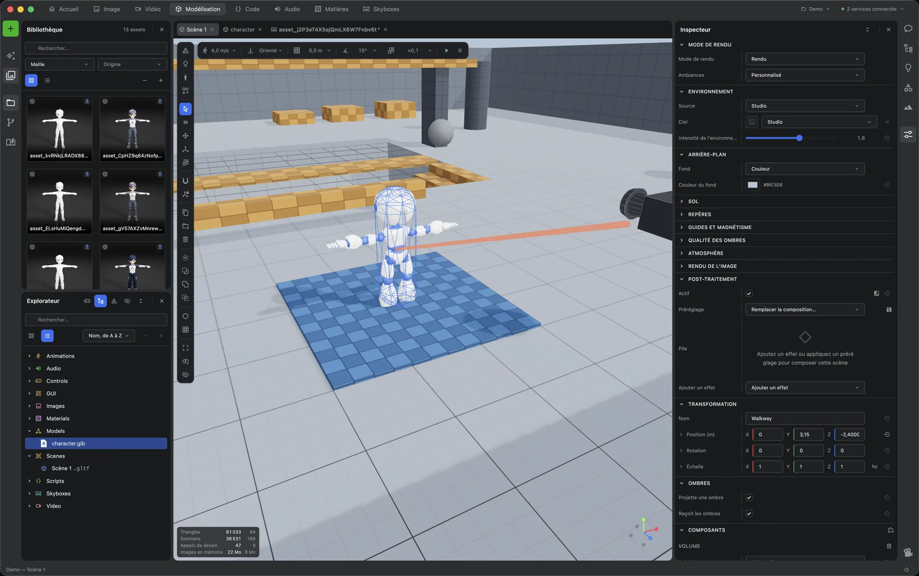 The same studio with a third-person level open: blocked-out platforms in the viewport, the character selected and drawn in wireframe, and the scene environment, background and post-processing stack in the inspector