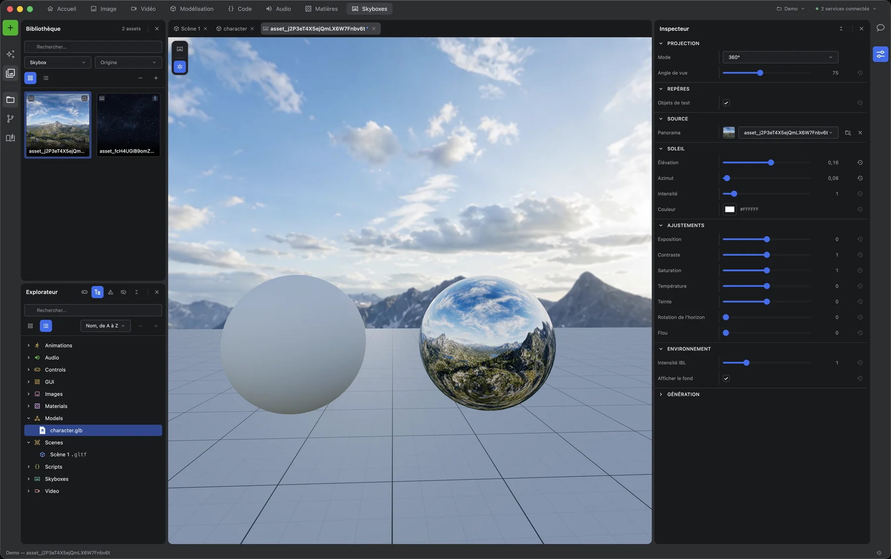 The Skyboxes workspace: a mountain panorama projected around two test spheres, one matte and one mirrored, with sun, adjustment and environment controls in the inspector