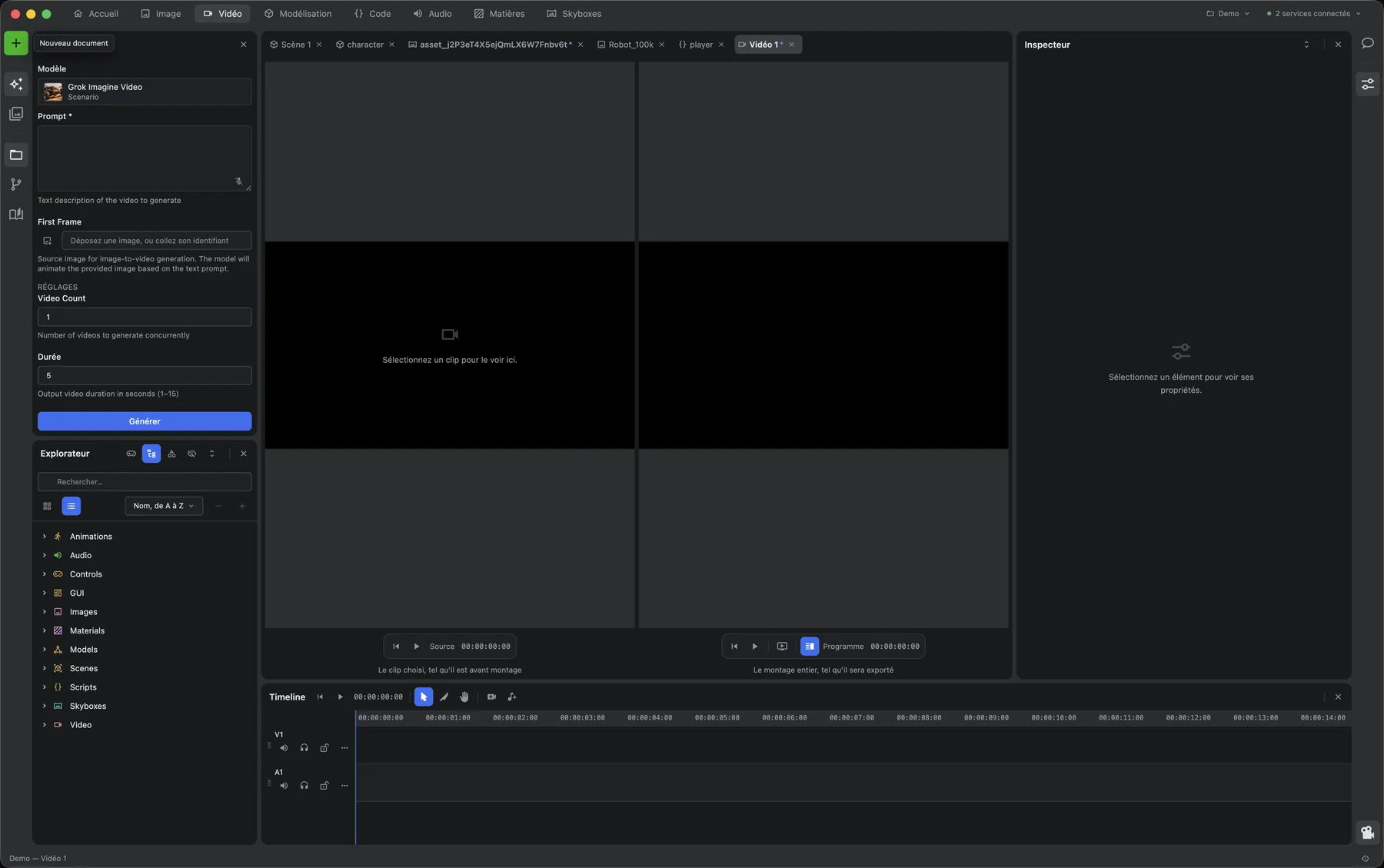 The Video workspace: source and programme viewers above a video and audio timeline, with a text-to-video generation form on the left