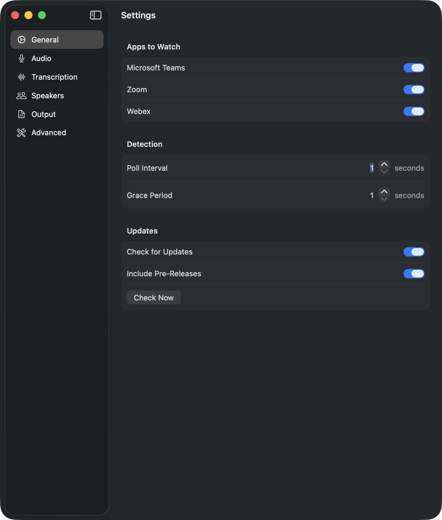 Settings window