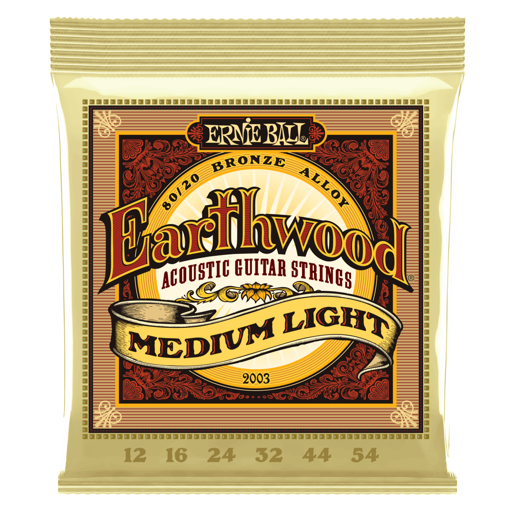 Image of the Ernie Ball Earthwood Medium Light acoustic guitar string package, photo by Ernie Ball