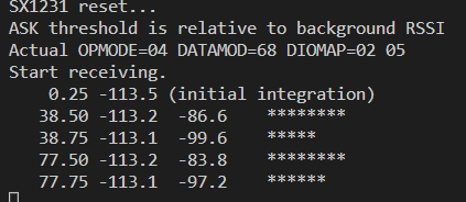 ook-scope output of detections determined by polling the SX1231 RSSI value