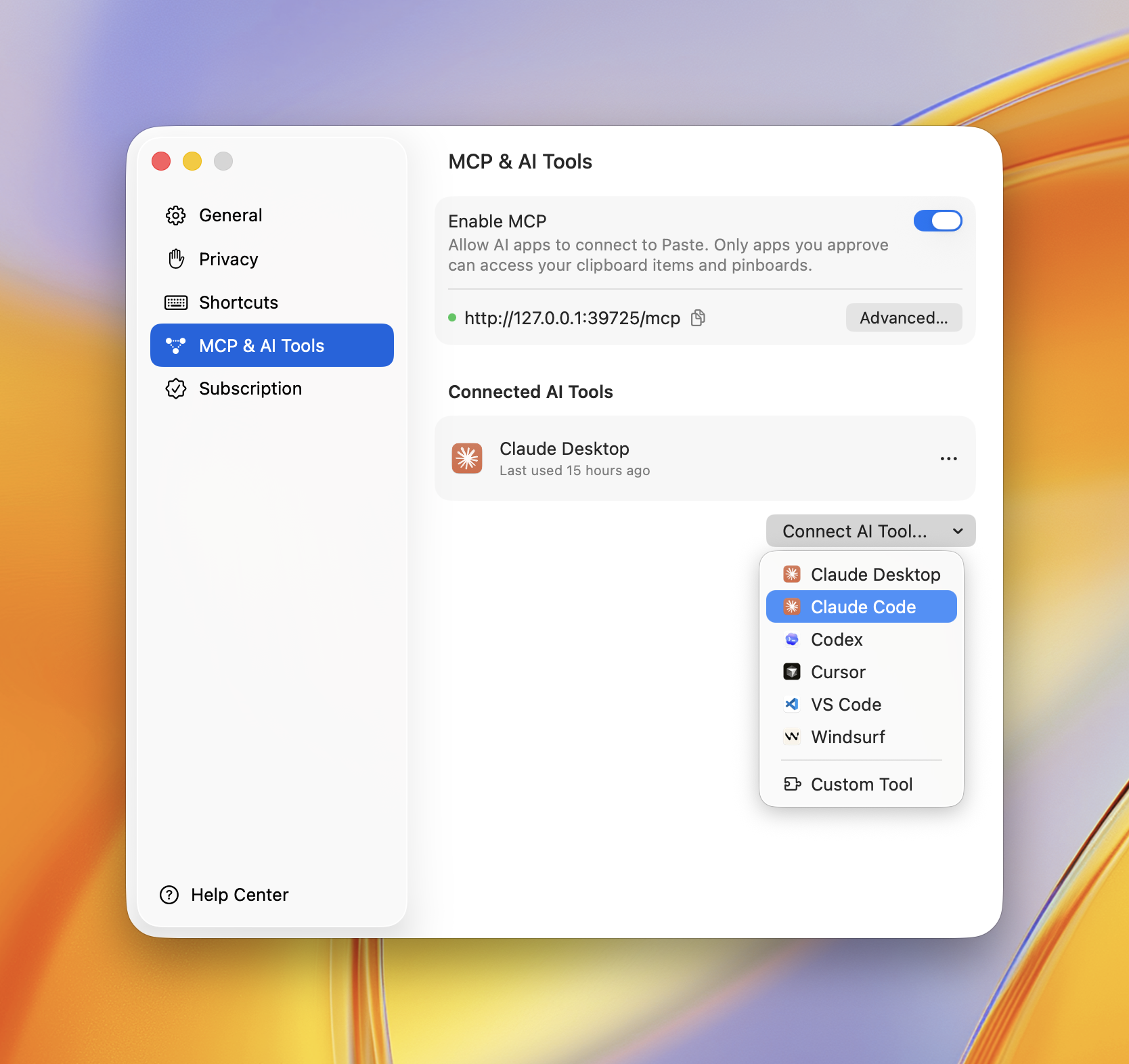 Connecting an AI tool from Paste's MCP & AI Tools settings