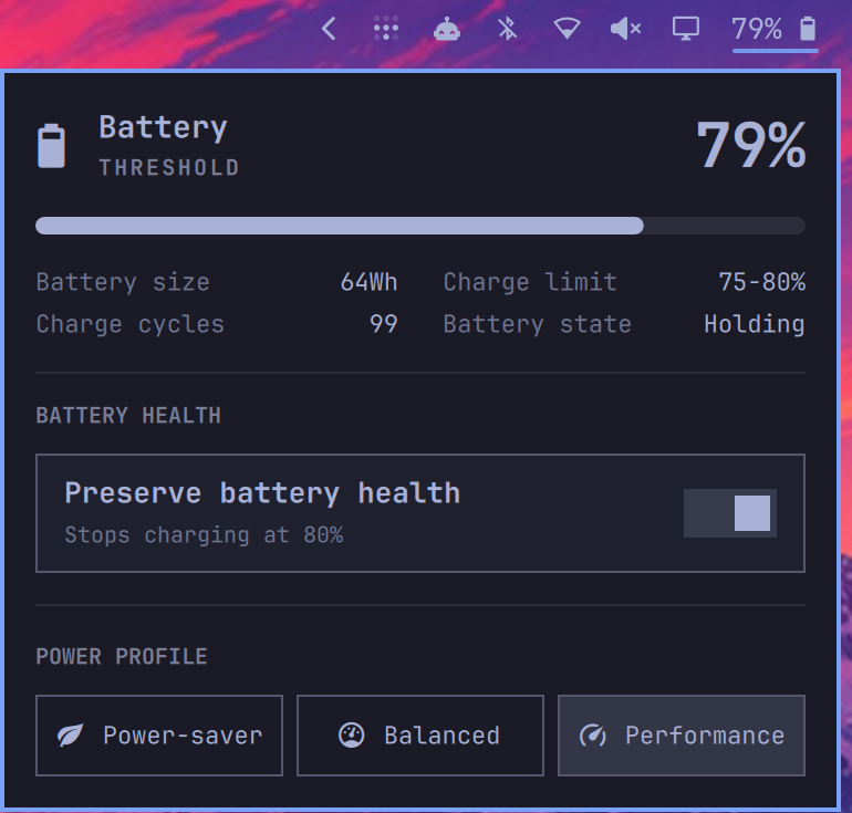Battery health enabled with a 75-80% firmware charging policy