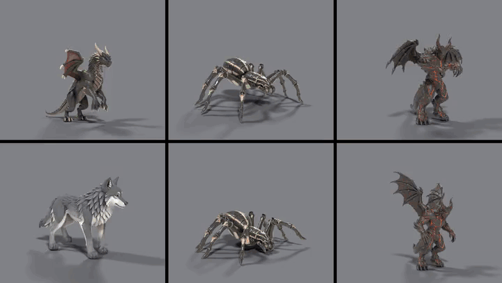 Six panels: a dragon, a giant spider, a fire demon and a wolf, all moving; then an AI video shows the dragon from the front and the side at once; every joint is found in both views; the two views stand up as walls and pin each joint in 3D; the rig lands on the points; a fire demon, a spider and a wolf move the same way.