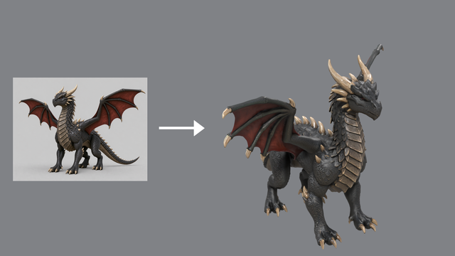 A concept picture of a dragon, an arrow, and the textured 3D model it became.