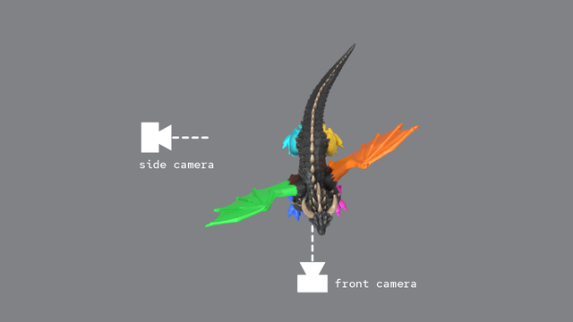 The dragon from above, one camera at its face and one at its right flank.