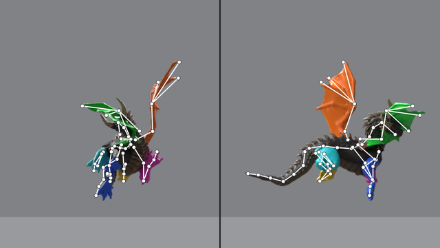 A random training pose of the dragon in both views with its true joints drawn on.