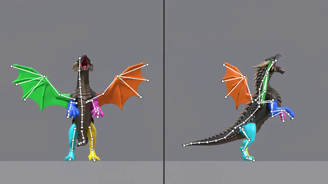 The AI clip with a white skeleton drawn over the dragon in both views.