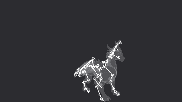 The rig as an x-ray, its bones landed on the 3D points, stray points in grey.