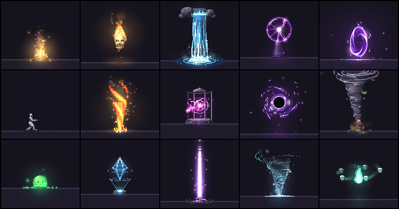 A grid of pixel art effects playing at once: a campfire, a burning skull, a waterfall, a plasma ball, a portal, a tornado and more.