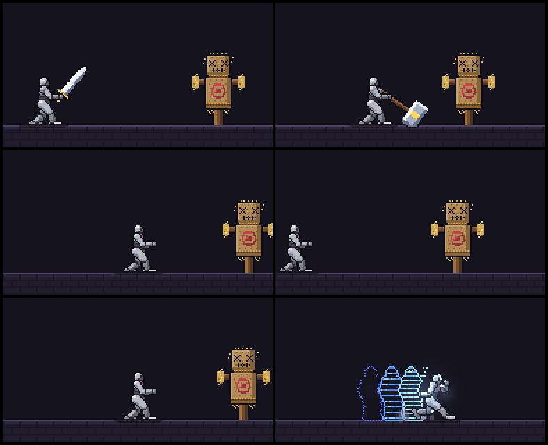 Animated grey pixel character demonstrating melee combos, hammer smash, ground pound and magic attacks against a straw target.