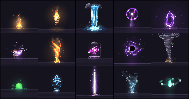 A grid of pixel art effects playing at once: a campfire, a burning skull, a waterfall, a plasma ball, a portal, a tornado and more.