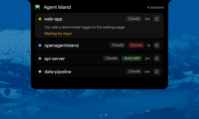 Multiple Claude Code sessions tracked in the island