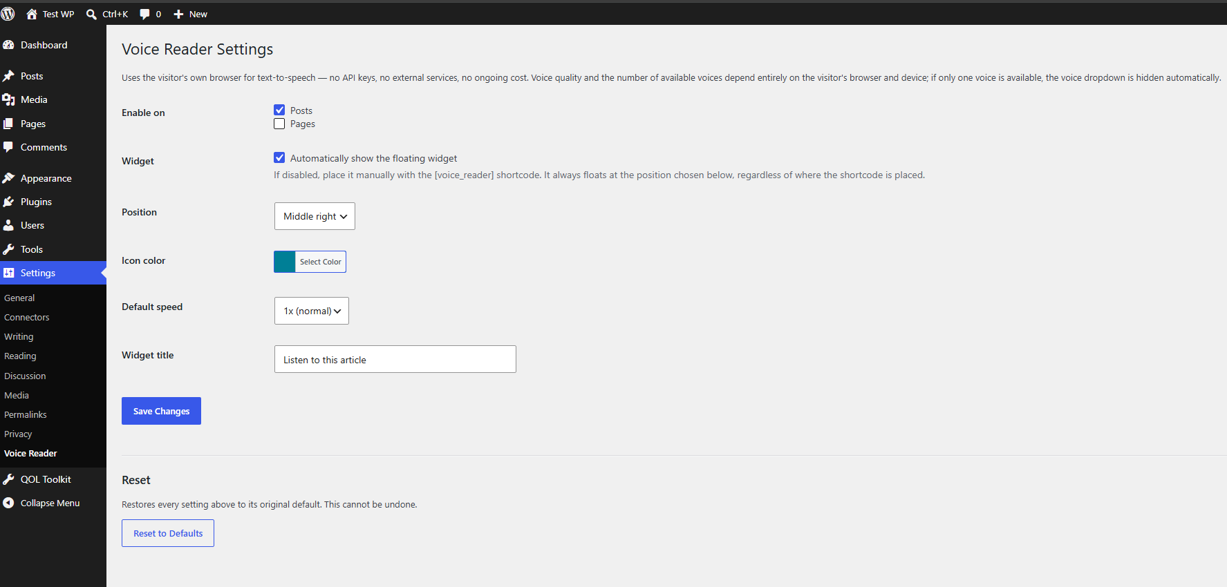 Settings page