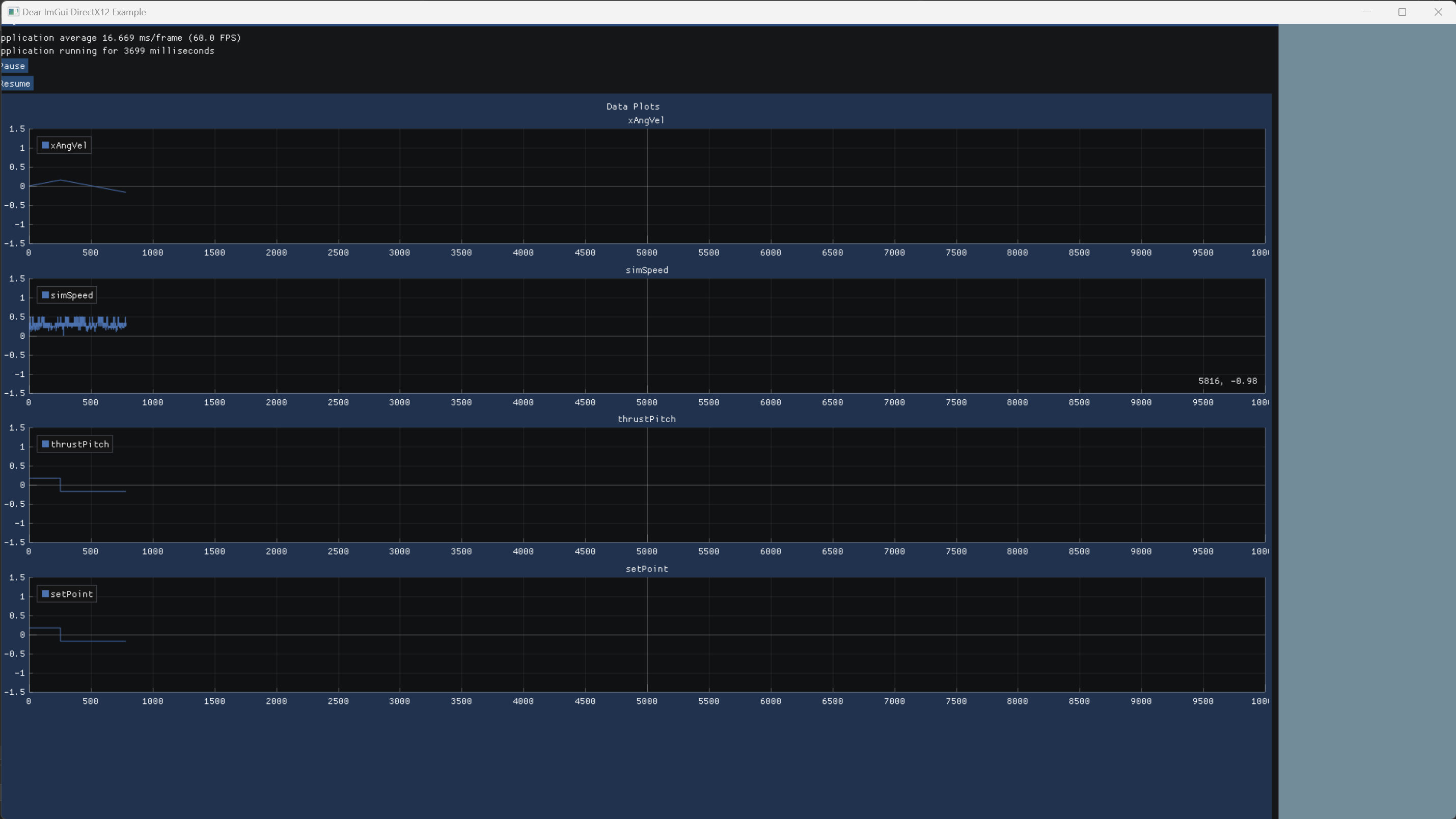 Shows the plot UI. Plots are dynamically generated and added and have synced X-axes for easy comparison