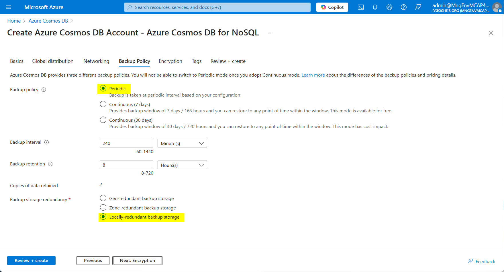 Cosmos DB - Backup Policy