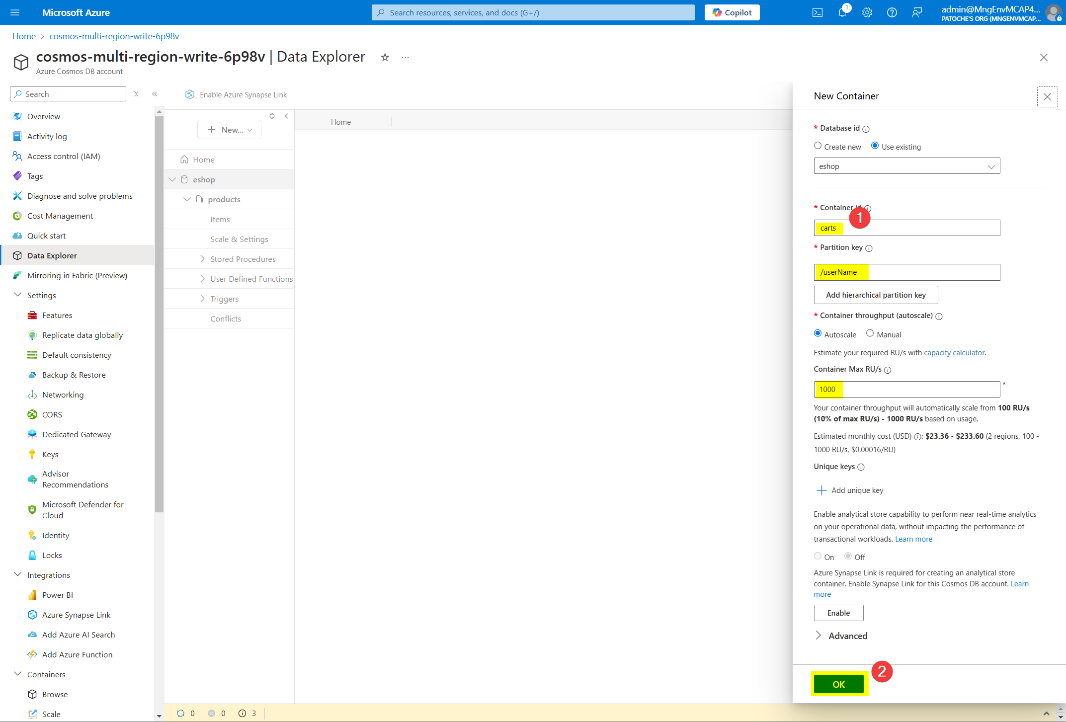 Cosmos DB - Create database