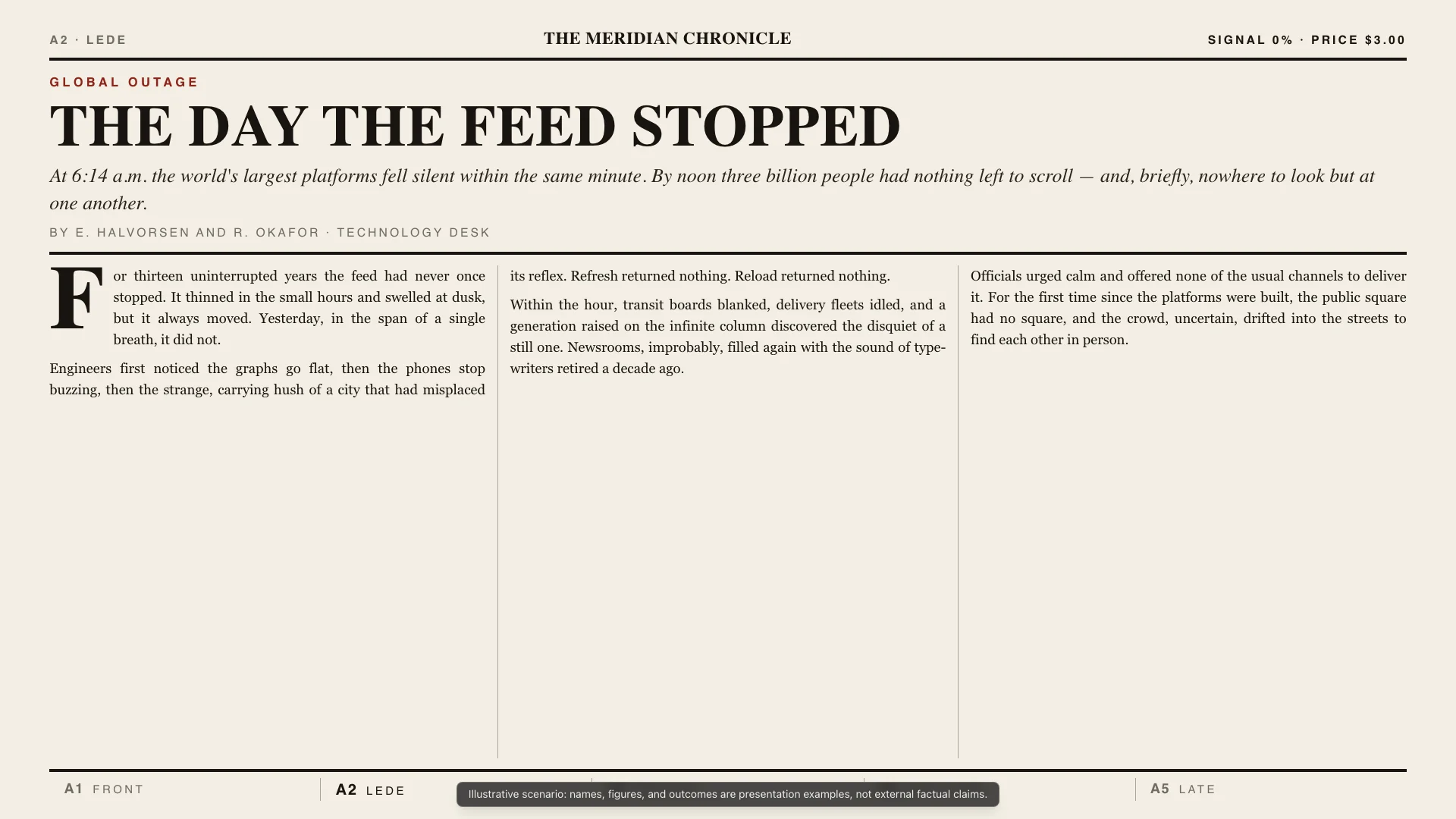 Front-Page Broadsheet — Claude Opus 4.8 — The Day the Feed Stopped — Hero Final Frame