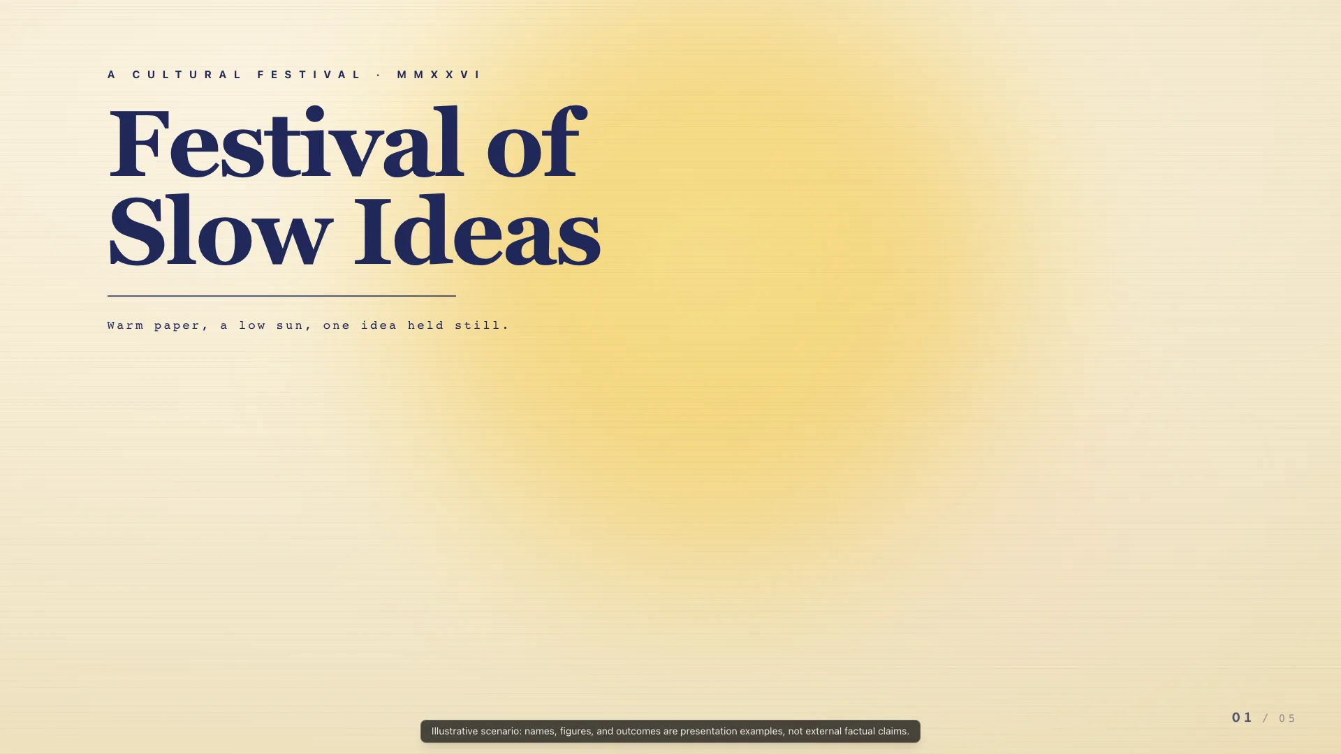 Solar Biennale Poster — Claude Opus 4.8 — Festival of Slow Ideas — Hero Final Frame