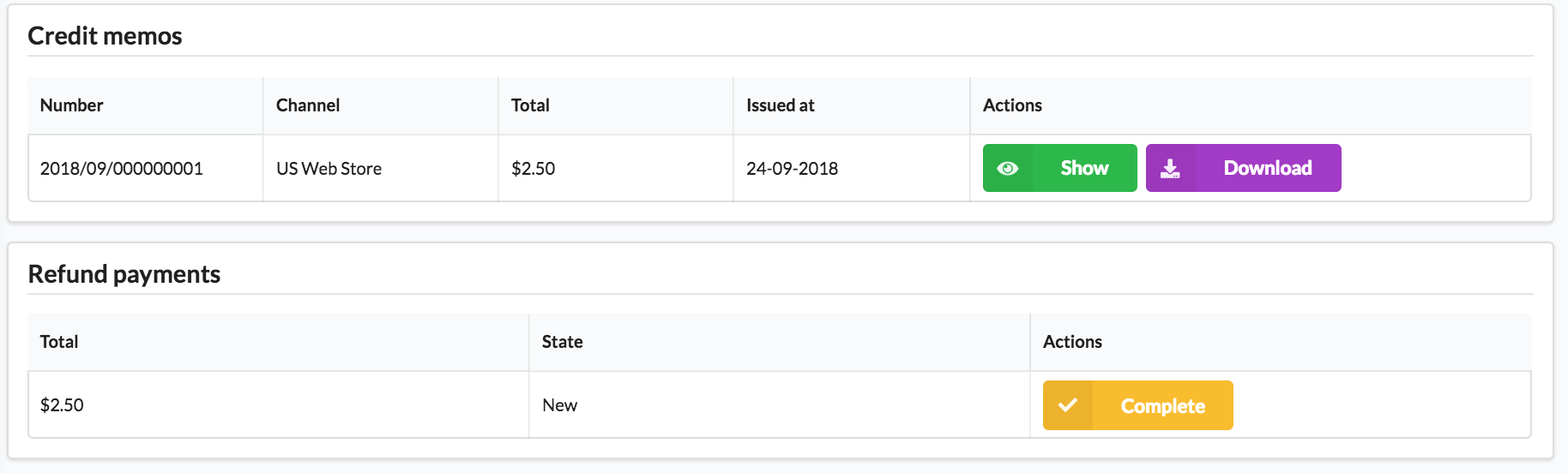 Screenshot showing order's credit memos and refund payments