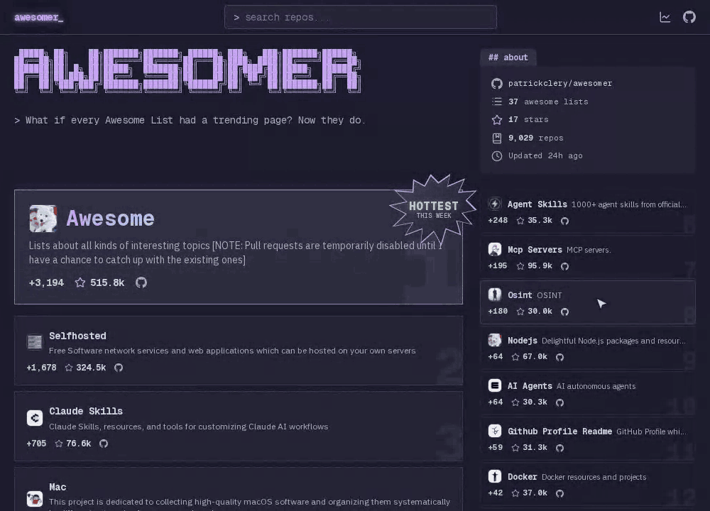Demo: browsing trending repos by awesome-list