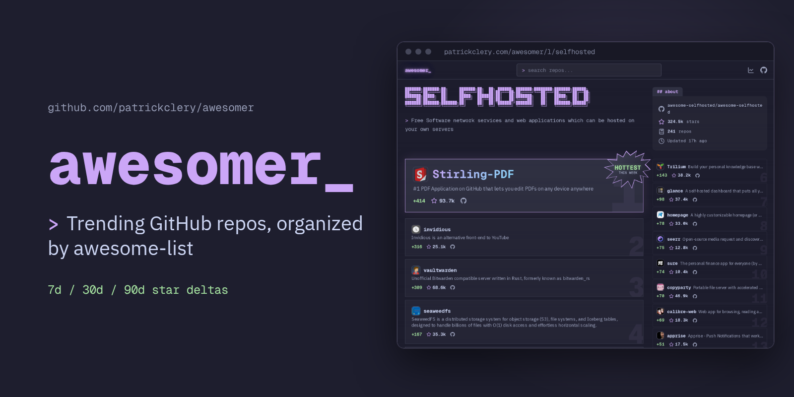 awesomer — Trending GitHub repos, organized by awesome-list