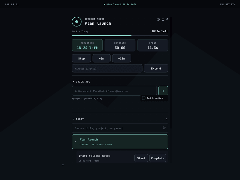 Animated Super Productivity popup preview showing timer controls, Quick Add with its compact checkbox, chronological Today rows with leaf actions, hierarchy search, Go top, and the next scheduled task while idle