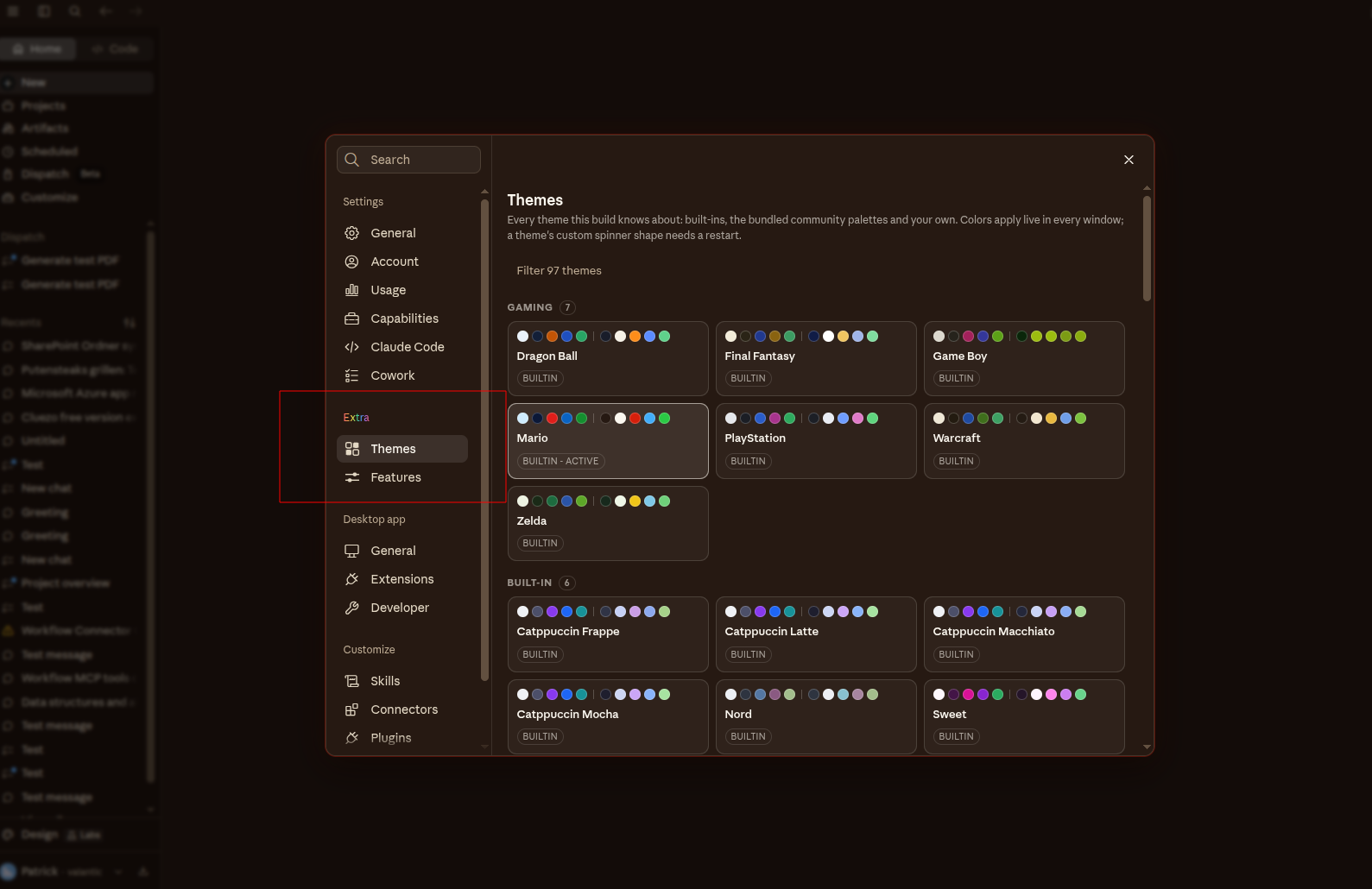 The Extra section in Claude's Settings: Themes with the Gaming palettes, next to Features
