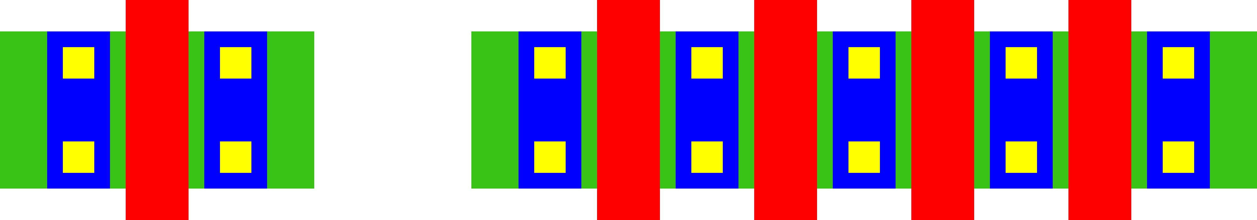 Example transistor layouts (left: fingers=1, right: fingers=4)