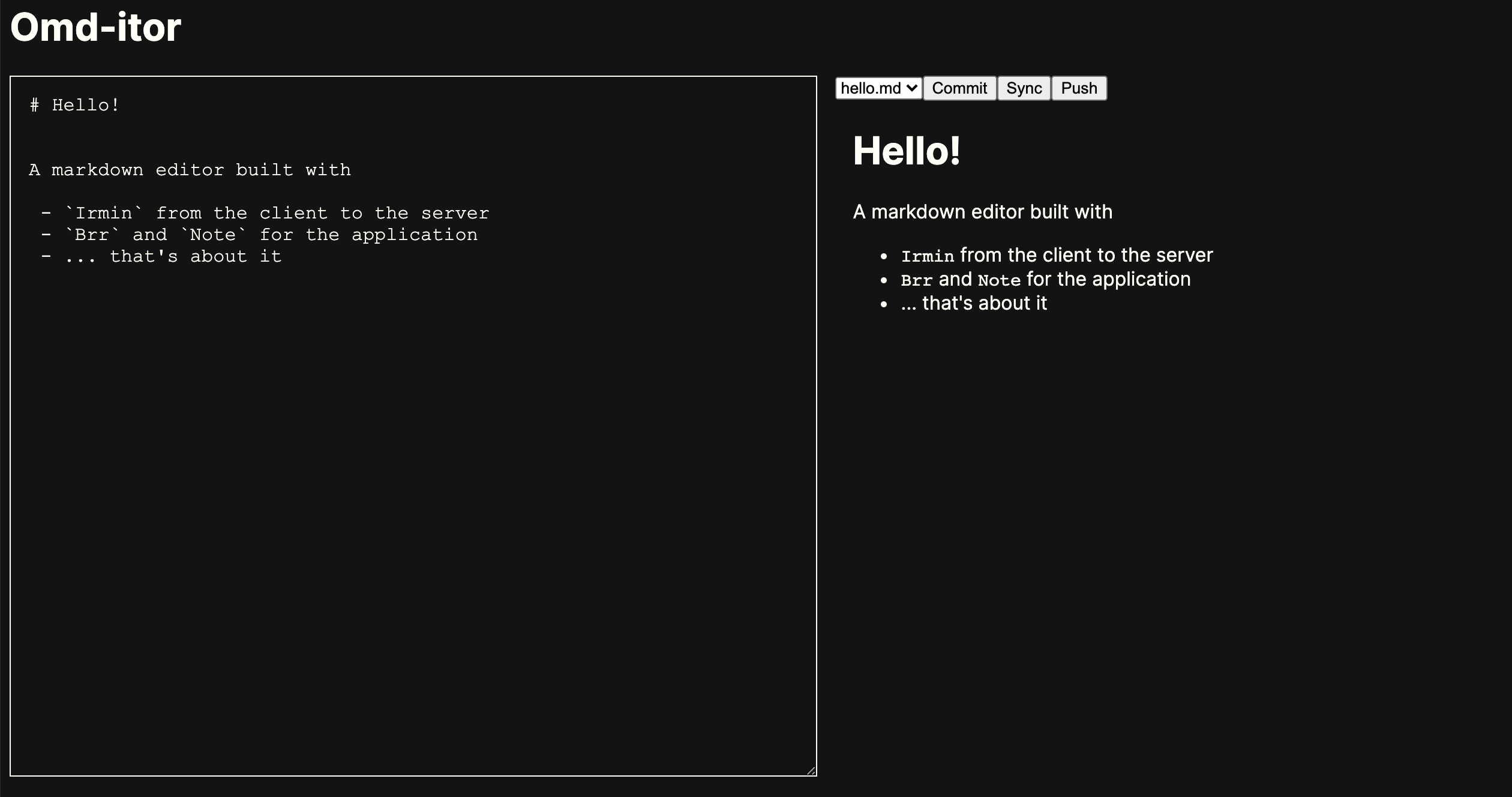 The Omditor with a textual editor on the left and the rendered markdown on the right with commit, sync and push buttons
